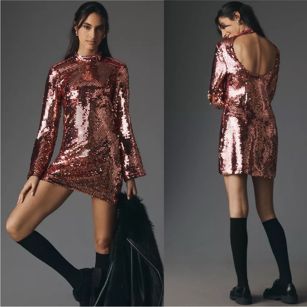 Anthropologie Maeve Long Sleeve Mock Neck Sequin Mini Dress